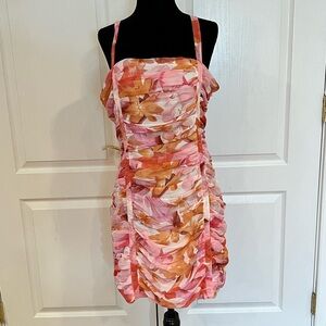 Storia Floral Ruched Mini Dress Large NWT Pink Orange Side Zip Boutique
